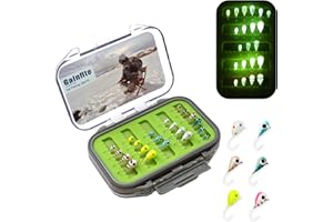 Gainfite Tungsten Ice Fishing Jigs Kit, 15/21/30/45-Piece 3.2/4/5/6mm Glow in Dark Tear Drop Lures with 2-Sided Waterproof Tackle Box - Walleye/Perch/Crappie Jigs for Cold Water