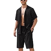 ODIZLI Men Short Sets Outfits 2 Piece See Through Sheer Short Sleeve Flower Lace Shirts and Shorts Beach Clothes For Men