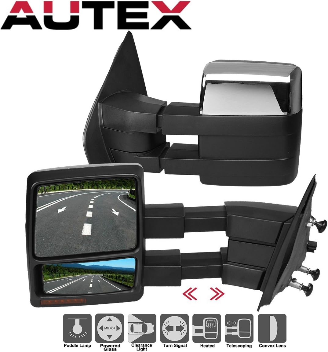 AUTEX Pair Chrome Towing Mirrors Power Heated Turn Signal Puddle Compatible with 2007 2008 2009 2010 2011 2012 2013 2014 Ford F150 Truck 9L3Z17682EC
