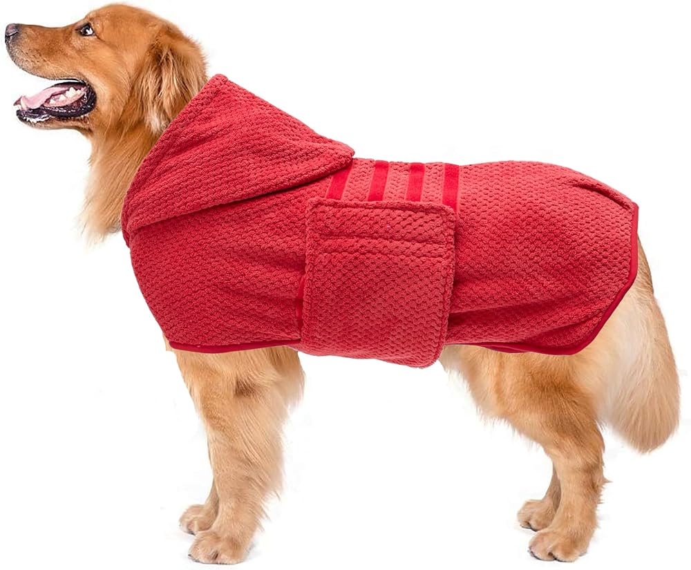 Geyecete Pineapple Grid Dog Drying Coat with Hood 3XL Red