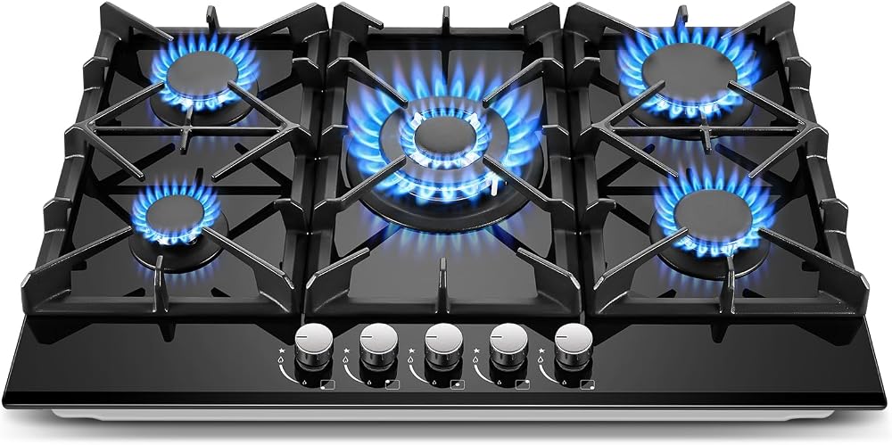 Gas Cooktop 30 Inch, Amzgachfktch 5 Burners Propane Stove, Built-in NG/LPG Convertible Gas Stove Top, Black Tempered Glass Pr