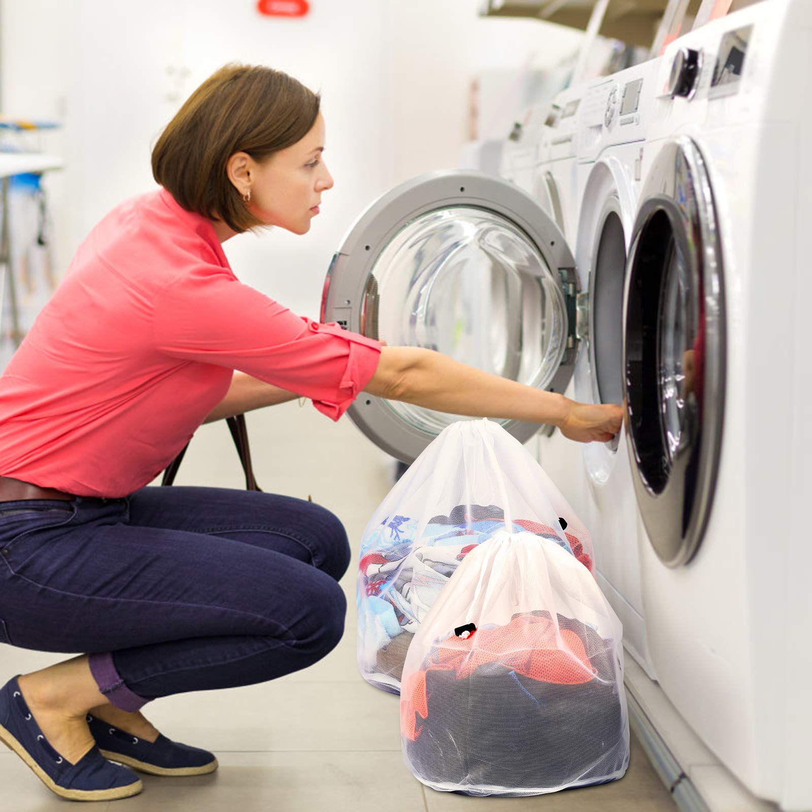 TAZEMAT 4 Sizes Laundry Bags for Washing Machine Drawstring Reusable Net Mesh Bag for Delicates Bra Knitwear Underwear Socks White Laundry Bags Baby Cloths Travel Storage Washing Ball Lint Remover