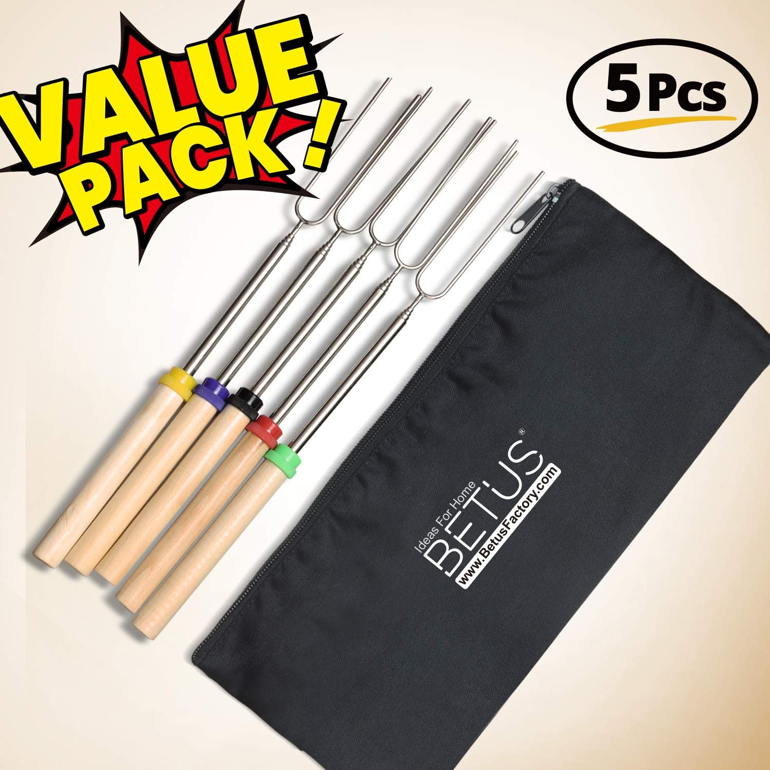 Betus Barbecue Forks for Outside Grill, Roasting Stick with 32 Inch Extra Extendable Metal and Wooden Handle - Telescoping BBQ Grill Kid Skewer Campfire Fork Tool for Fire Pit - Set of 5 Pcs : Garden & Outdoor