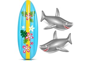 Cunhill 3 Pcs Inflatable Surf Board and Shark Luau Decoration Include 2 Pcs 38.9 in Shark Pool Toy and 60 in Inflatable Surfboard Decor Party Decorations for Adults Boys Girls Surf Beach Party
