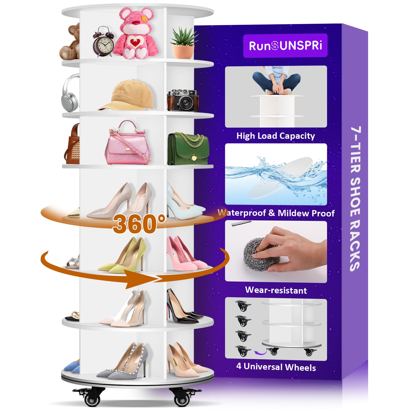 7 Tier Rotating Shoe Rack with 4 Universal Wheels, 360° Revolving Free ...
