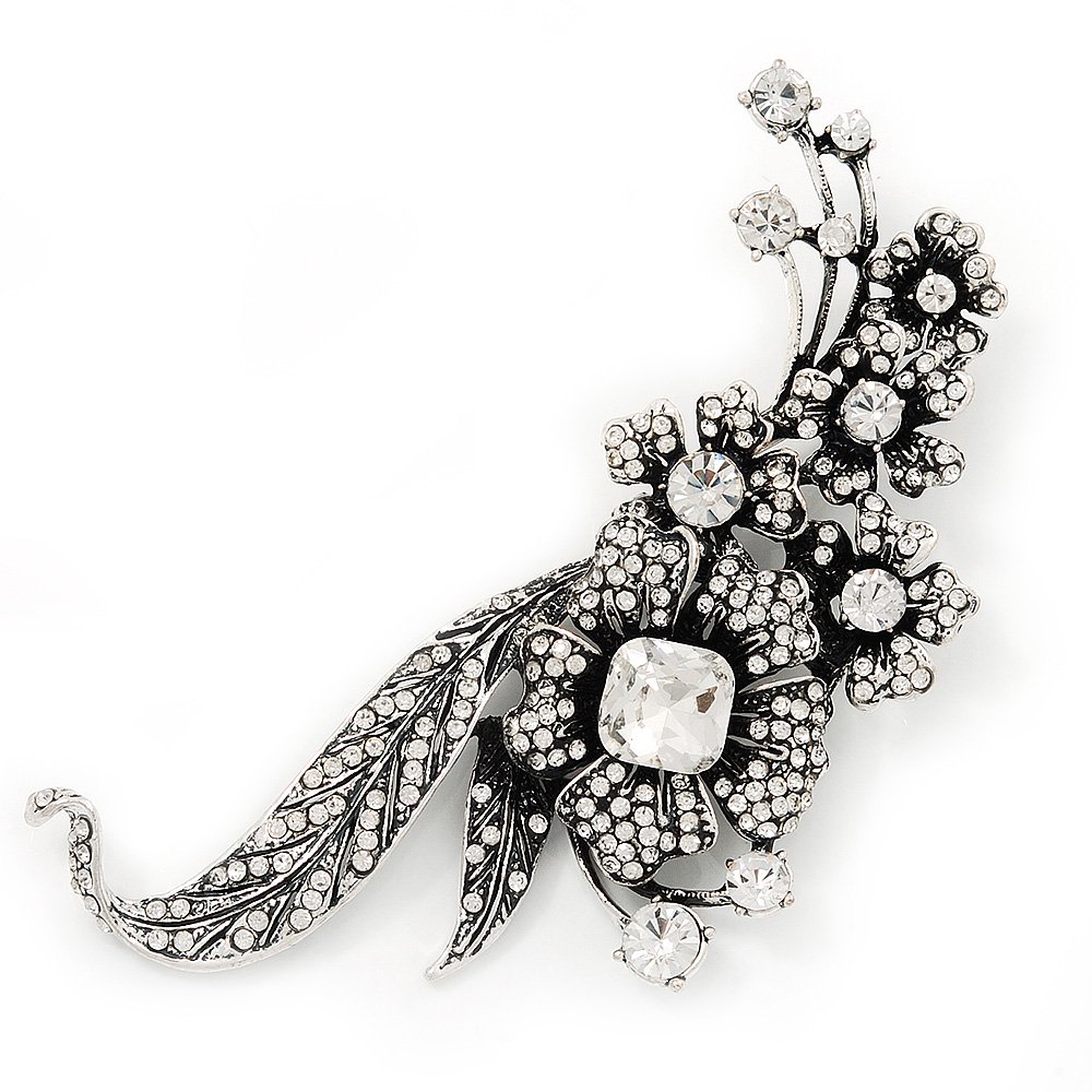 Oversized Antique Silver Clear Diamante Grandma's Treasure Brooch - 11cm Length