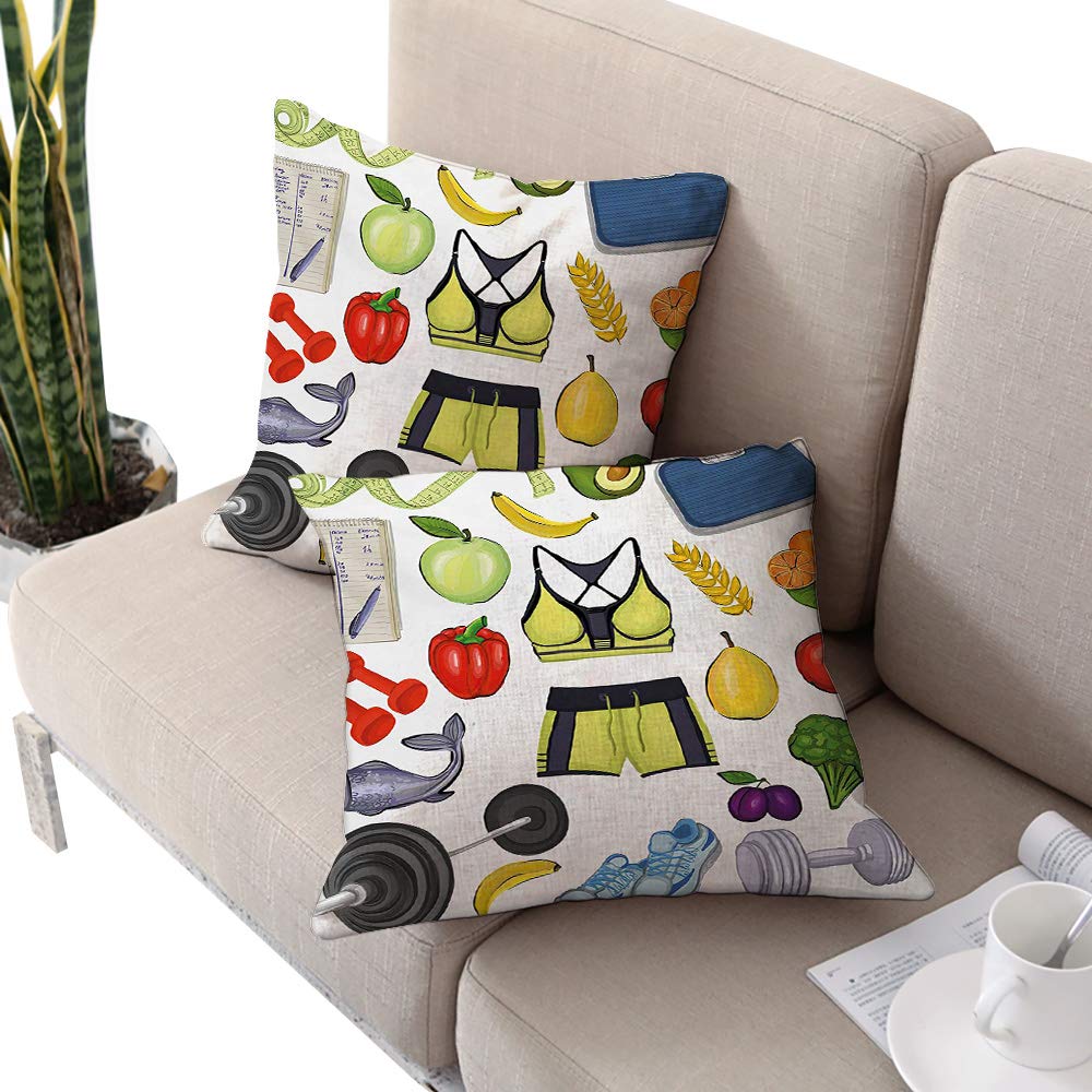 Michaeal Fitness Square Set of 2,Hand Drawn Healthy Living Inspiration Icons Vegetables Sportswear Gym Equipment Multicolor W16 xL16 2pcs Cushion Cases Pillowcases for Sofa Bedroom Car