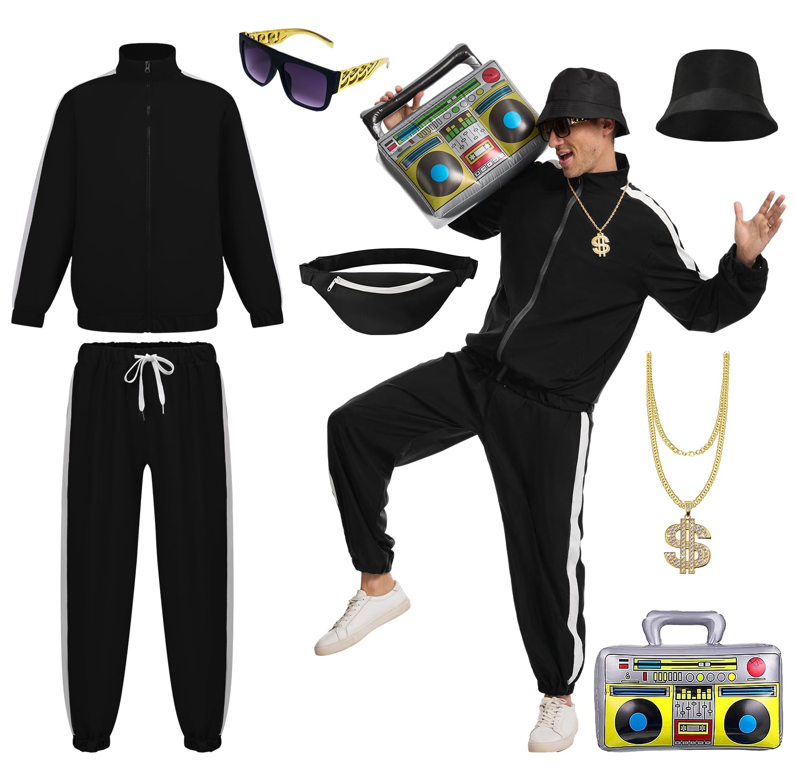 JDFAIJEAL Hiphop Costume Set for Men – Black Tracksuit with Hat, Glasses, Gold Round Necklace, Fanny Pack & Boombox Balloon – Hip Hop Outfit for Party, Halloween, Cosplay (Black, S)