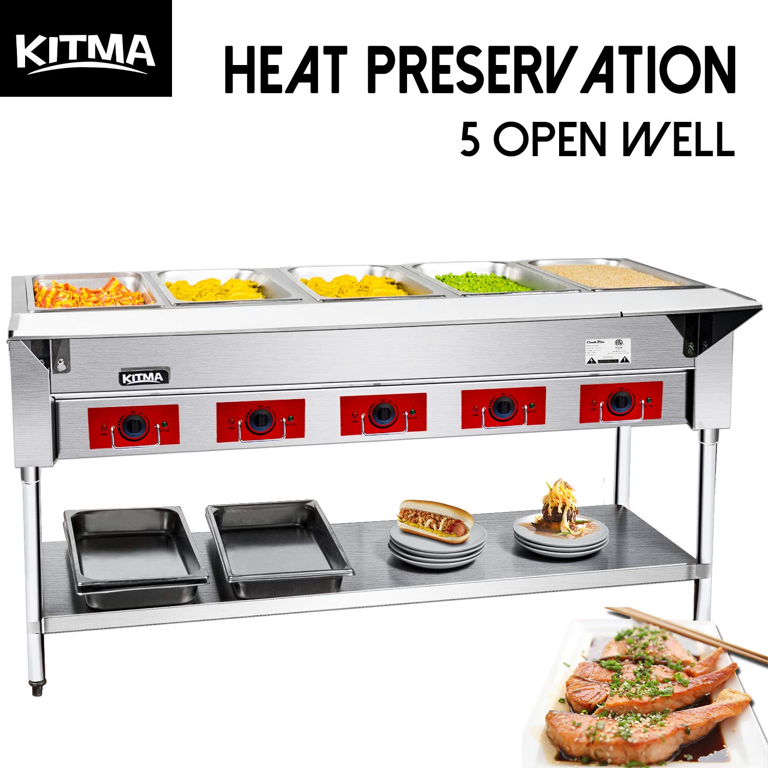 Commercial 240 V Electric Food Warmer Kitma 5 Pot Stainless Steel Steam Table, Buffet Server for Catering and Restaurant. item is In good condition unused missing some parts 