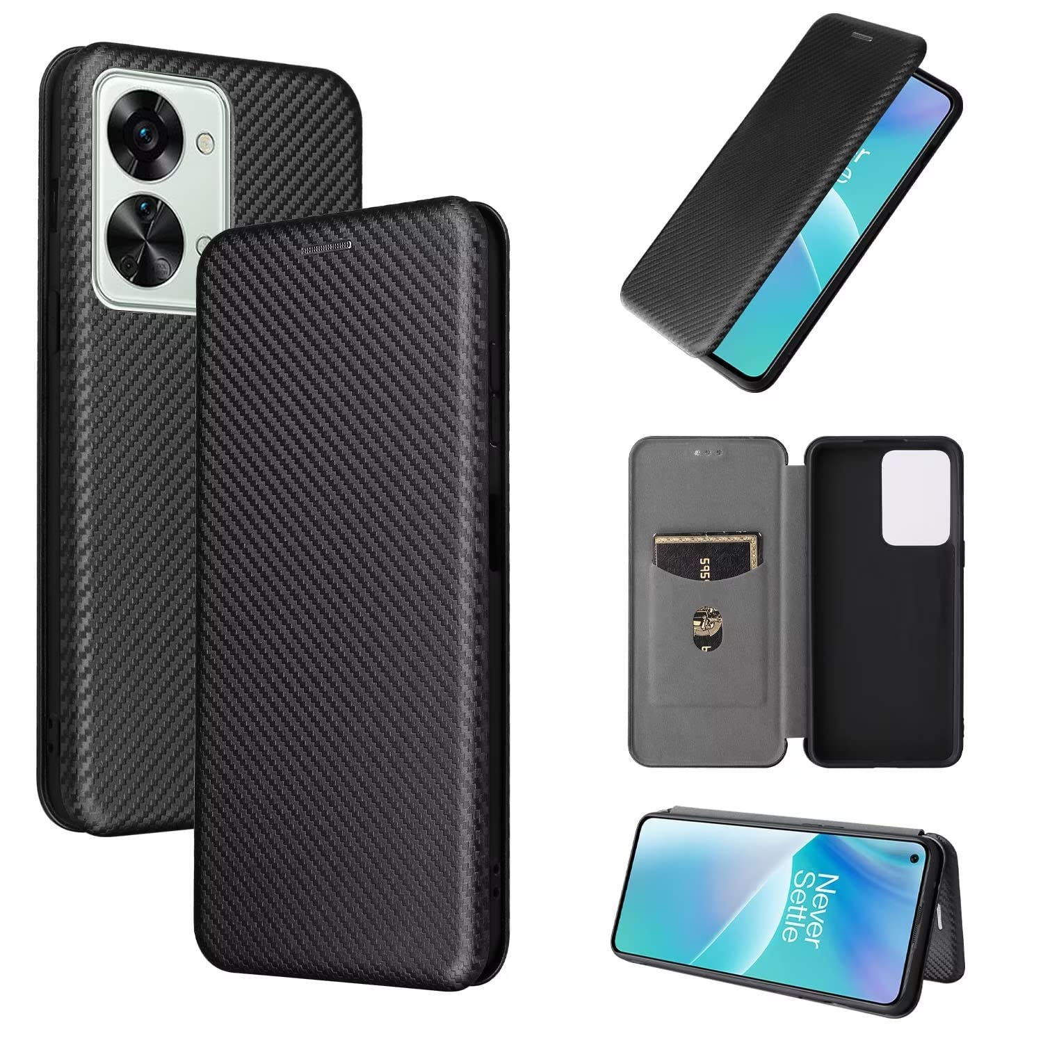 ESONG Carbon Fibre Phone Case for OnePlus Nord 2T 5G,with Magnetic Closure and ID Card Holder Slot case,Scratch-Resistant Carbon Fibre PC + Shockproof TPU + Free Stand - Black