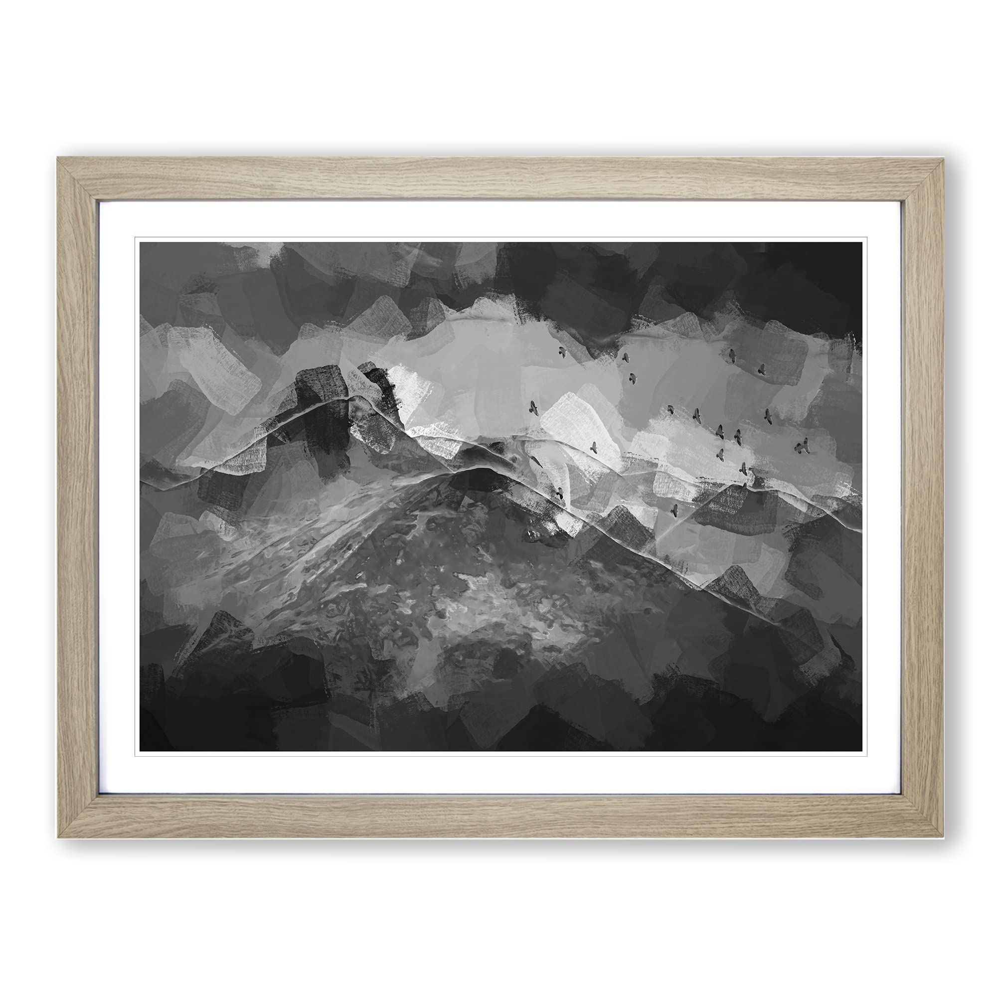 Birds Flying Over The Lake District In Abstract Modern Art Framed Print | A3 Oak Framed Wall Art | Ready to Hang | Abstract Landscape Picture | Living Room Bedroom Lounge Office