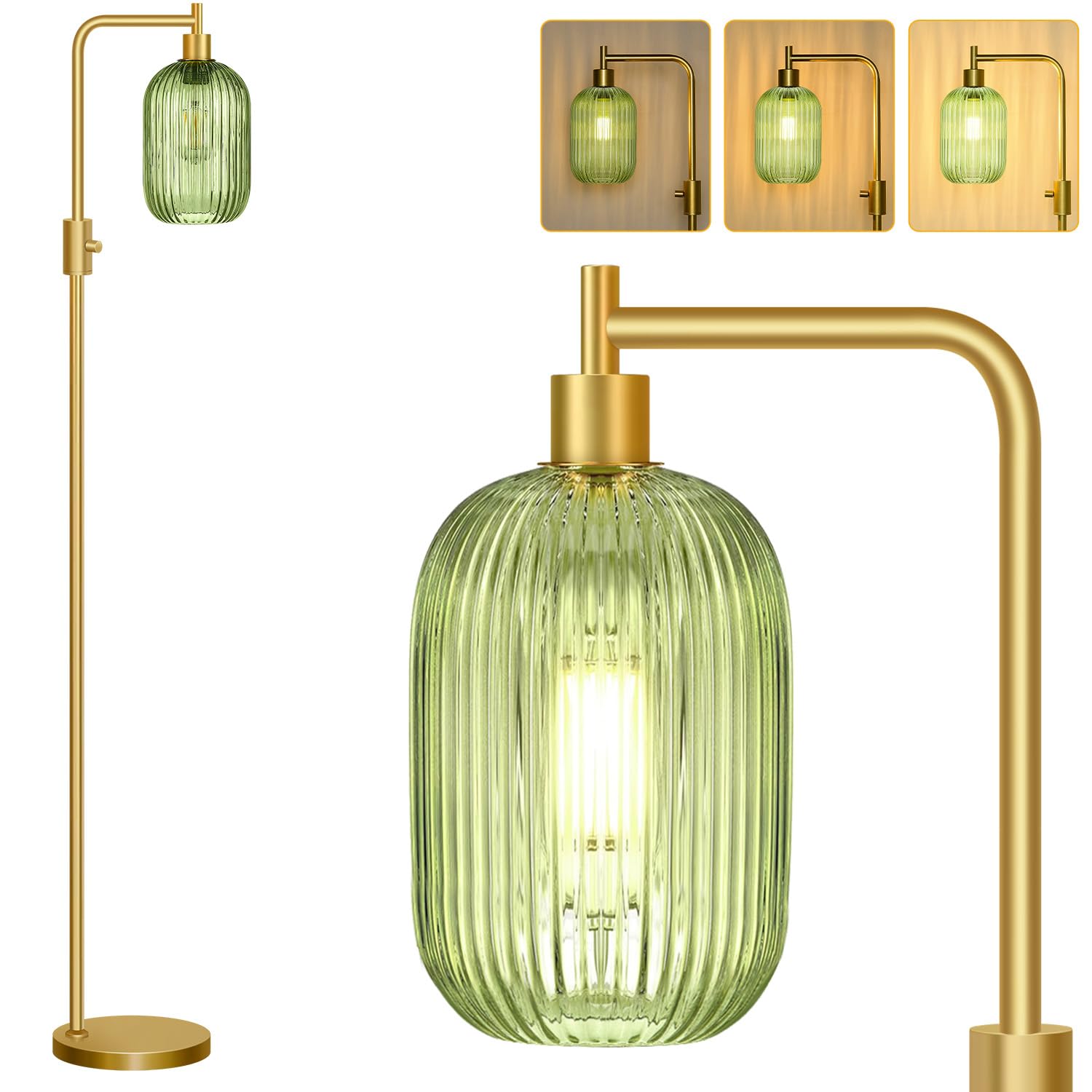 Photo 1 of ?Upgraded? Dimmable Glass Floor Lamp for Living Room, Modern Gold Standing Lamp with Green Ribbed Glass Lampshade & Knob Dimmer, Arc Tall Lamp for Bedroom Office Reading Room, 2700K Led Bulb Included