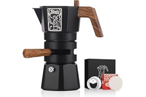 Bincoo 120ML/2 Cup Stovetop Espresso Maker Double Valve Moka Pot with Thermostat Extractor,Italian Espresso Moka Pot with Powder Dispenser and Filter Paper for Home(Black)
