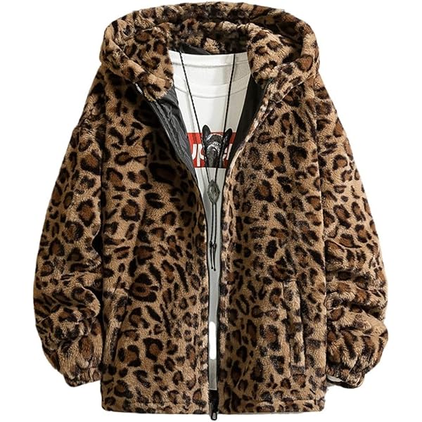 Mens Leopard Fleece Jackets Faux-Fur Hood Fuzzy Outerwear