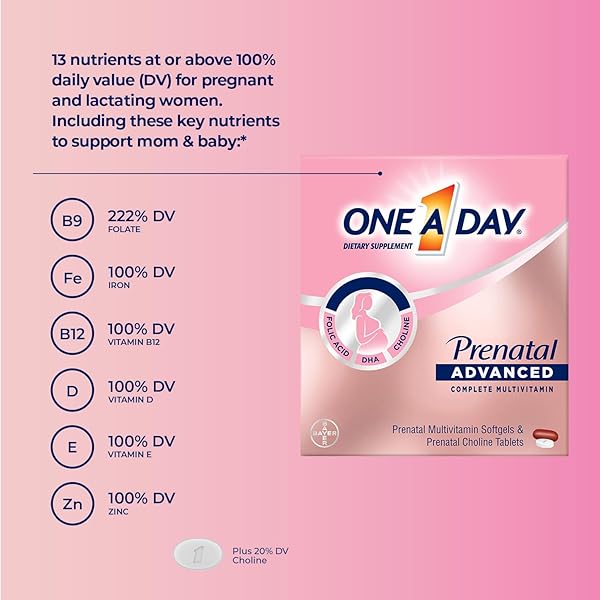 ONE A DAY PRENATAL ADVANCED- PRENATAL VITAMINS WITH FOLIC ACID, CHOLINE, DHA & IRON, PREGNANCY VITAMINS FOR WOMEN TO SUPPORT BABY’S DEVELOPMENT, 30+30 CT (60 TOTAL SET) (PACKAGING MAY VARY)
