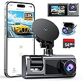 Galphi 3 Channel WiFi Dash Cam Front and Rear Inside with 64GB SD Card, 2.5K+1080P+1080P Car Dash Camera for Cars Front and Rear, Dashcam with G-Sensor, Loop Recording, 24H Parking Mode, Support 512GB