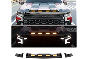 CZmenghe Hood Protector with LED Light Compatible with 2019-2026 Chevy Silverado 1500 Hood Deflector Glossy Black Three Section Lightshield Replacement for 2019-2026 Chevy Silverado Accessories