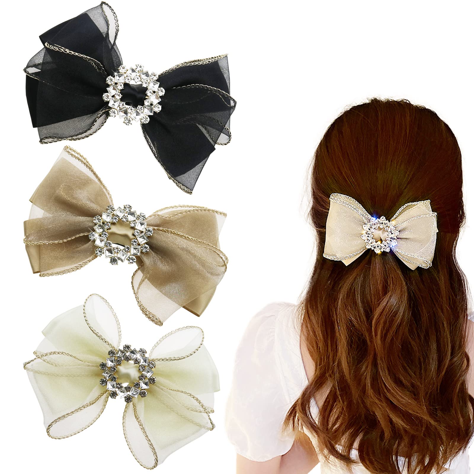3 PACK 5.5Inch Large Cute Rhinestone Bowknot Hair Barrette Mesh Bow Hair Accessories for Women & Girls