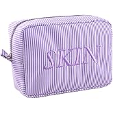 RunIncar Custom Seersucker Monogram Makeup Bag with Name, Personalized Toiletry Cosmetic Bag, Large Capacity Cotton Pouch, Graduation Gifts for Girls, Wedding Gifts for Women Bridesmaid, Purple SKIN