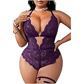 SOLY HUX Women's Plus Size Lace Lingerie Set Deep V Neck Teddy Bodysuit Babydoll Nightwear with Leg Ring