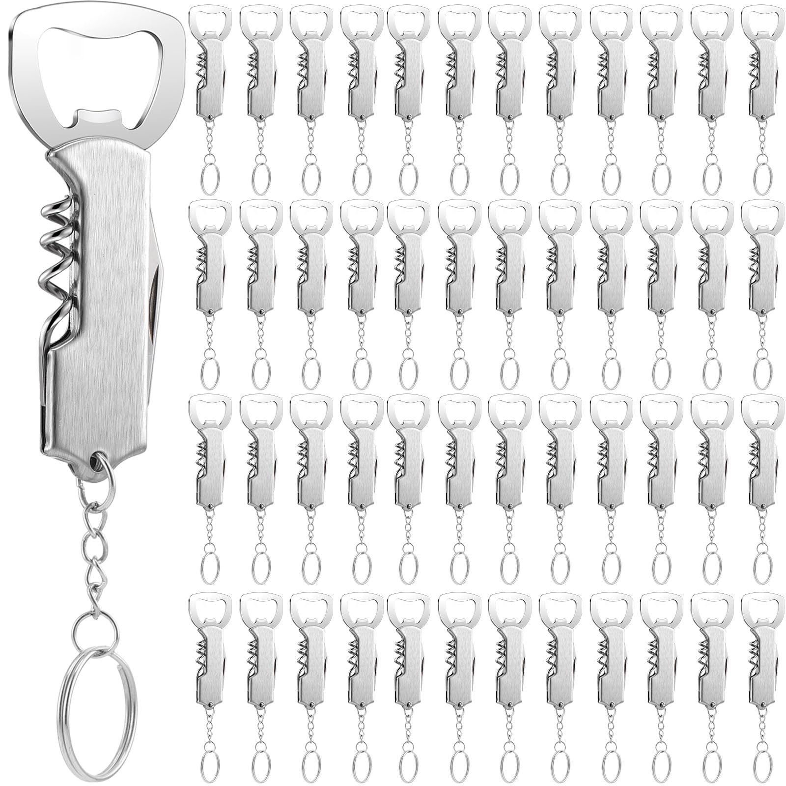 Photo 1 of 48 Pcs Bottle Opener Keychain Bulk Wine Bottle Opener Beer Opener Keychain 3.27" Stainless Steel Corkscrew Waiter Corkscrew Wine Key Opener for Bar Party Wedding Bartender Home Favors Gifts (Silver)