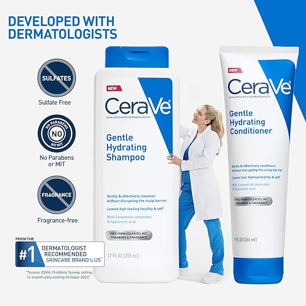 CERAVE GENTLE HYDRATING CONDITIONER, HAIR CONDITIONER WITH CERAMIDES, NIACINAMIDE & HYALURONIC ACID, SULFATE FREE & COLOR SAFE, MOISTURIZING CONDITIONER FOR ALL HAIR & SCALP TYPES