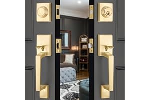 EHOMEWARE Double Front Door Handle Set, 1 Pack Satin Brass Square Door Lever, Exterior Door Knob & Deadbolt Combo, Door Lock Set for Front/Back/Office Doors, Heavy Duty Door Handle