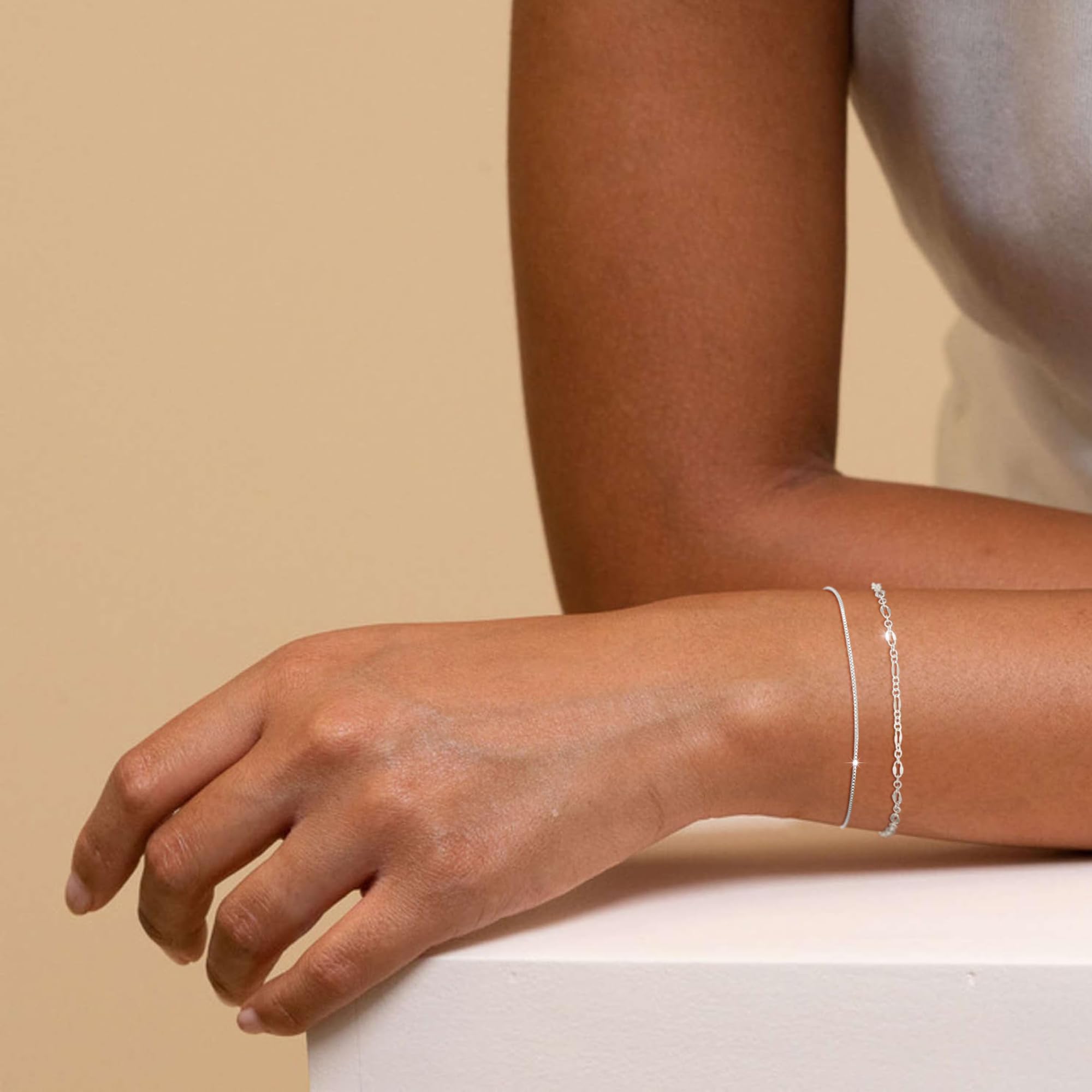 MBW Silver Bracelets for Women, Dainty Silver Bracelets for Women Set 14K Silver Bracelet Stack Waterproof Jewelry for Women Trendy Minimalist Simple Small Thin Bracelet Set for Women Teen Girls Gift