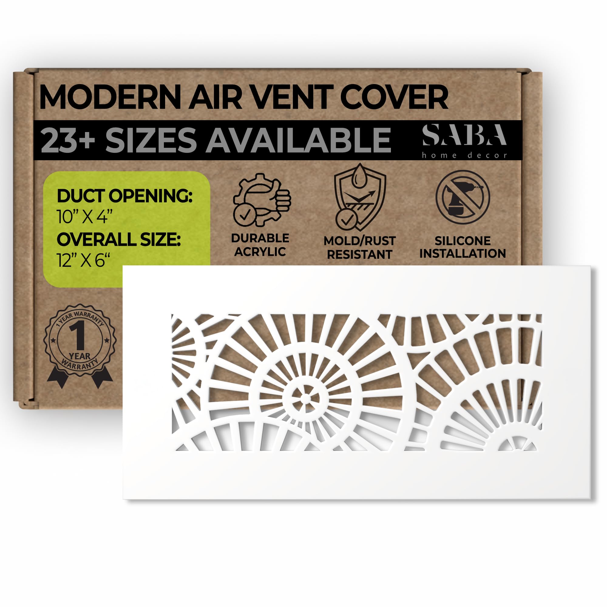 SABA Home Decor Air Vent Cover Grille - Acrylic Plexiglass 4 x 10 Duct Opening (6 x 12 Overall) White Finish Decorative Register Covers for Walls and Ceilings, Waterwheel