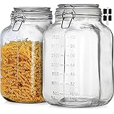 ZALSSKE 1.1 Gallon Large Glass Food Storage Jars with Airtight Lids,Set of 2 Square Wide Mouth Airtight Glass Storage Container,135oz Kitchen Mason Jar with Measurement Mark,for Flour Sugar Canning.