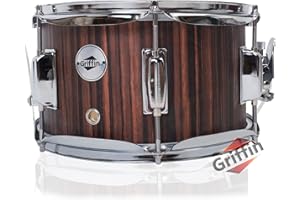 GRIFFIN Snare Drum 10"x6" Poplar Wood Shell (PopcornPUNCH Edition) – Mini Snare with Black Hickory PVC, Throw Off, Drum Key & Coated Head
