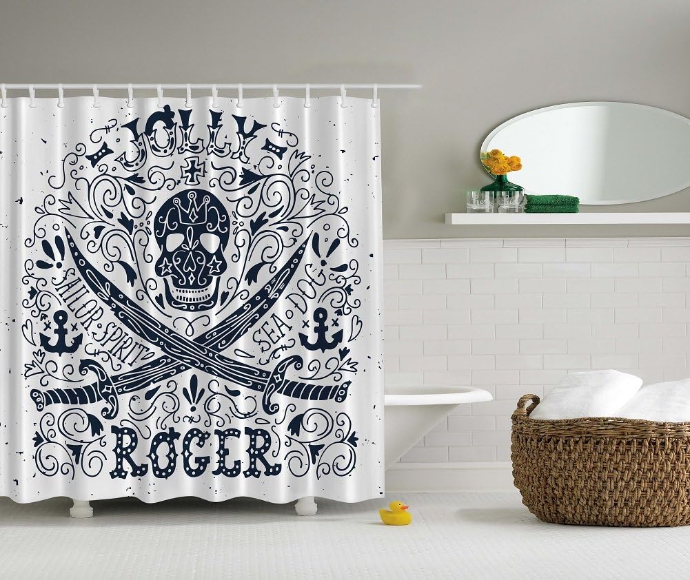 Jolly Roger Pirate Flag Navy Blue and White Digital Graphic Print Shower Curtain Set Non Vinyl Bath Tub Liner Waterproof Fabric Mildew Resistant Material Hooks Included Nautical Ocean Sea Boat Window Theme