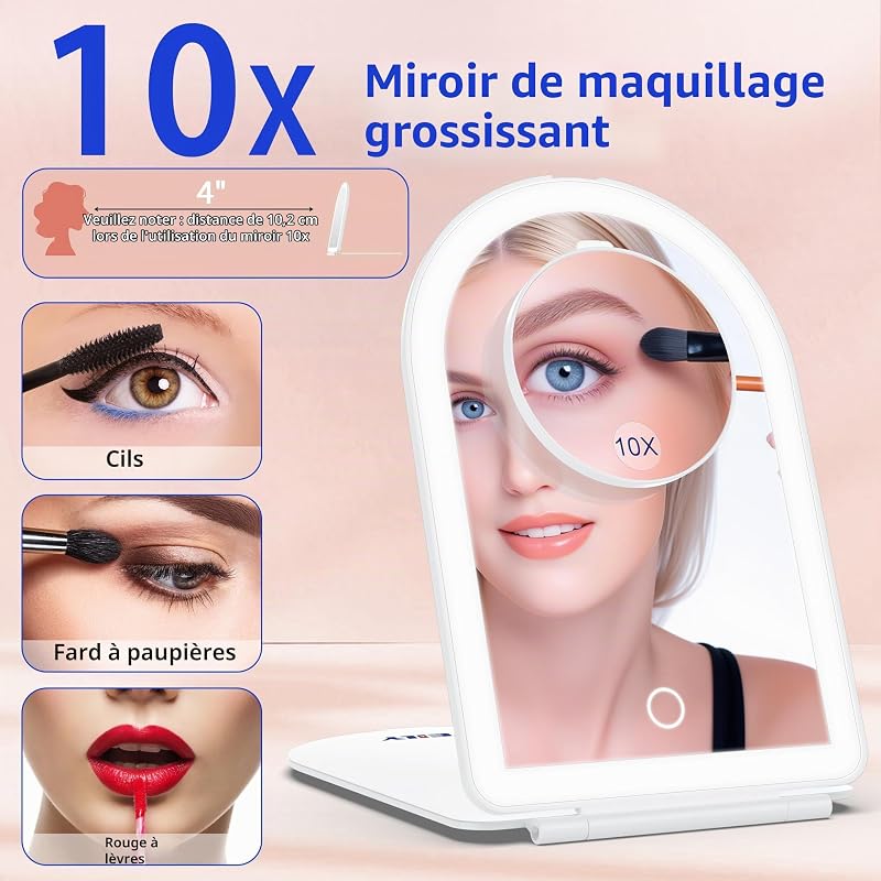 Miroir de Maquillage LED Grossissant 1X/10X, Éclairage 3 Tons Réglable, Miroir de Toilette Portable, Contrôle par Toucher, Blanc