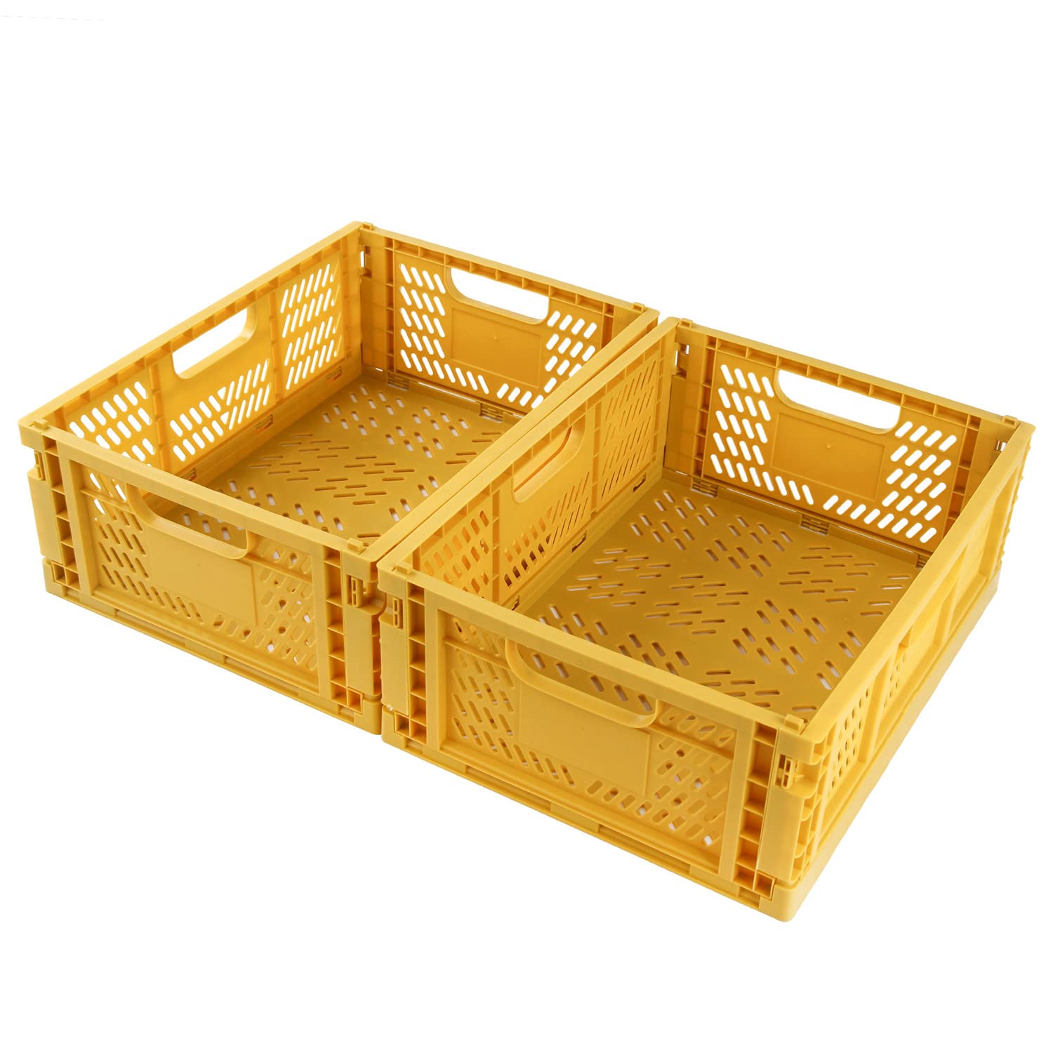 Spesh 2 Pcs Collapsible Storage Boxes Stackable Storage Baskets Folding Plastic Crates Foldable Crate Bins with Handles for Desk,Shelf,Cupboard(Yellow, 40*30*15cm)
