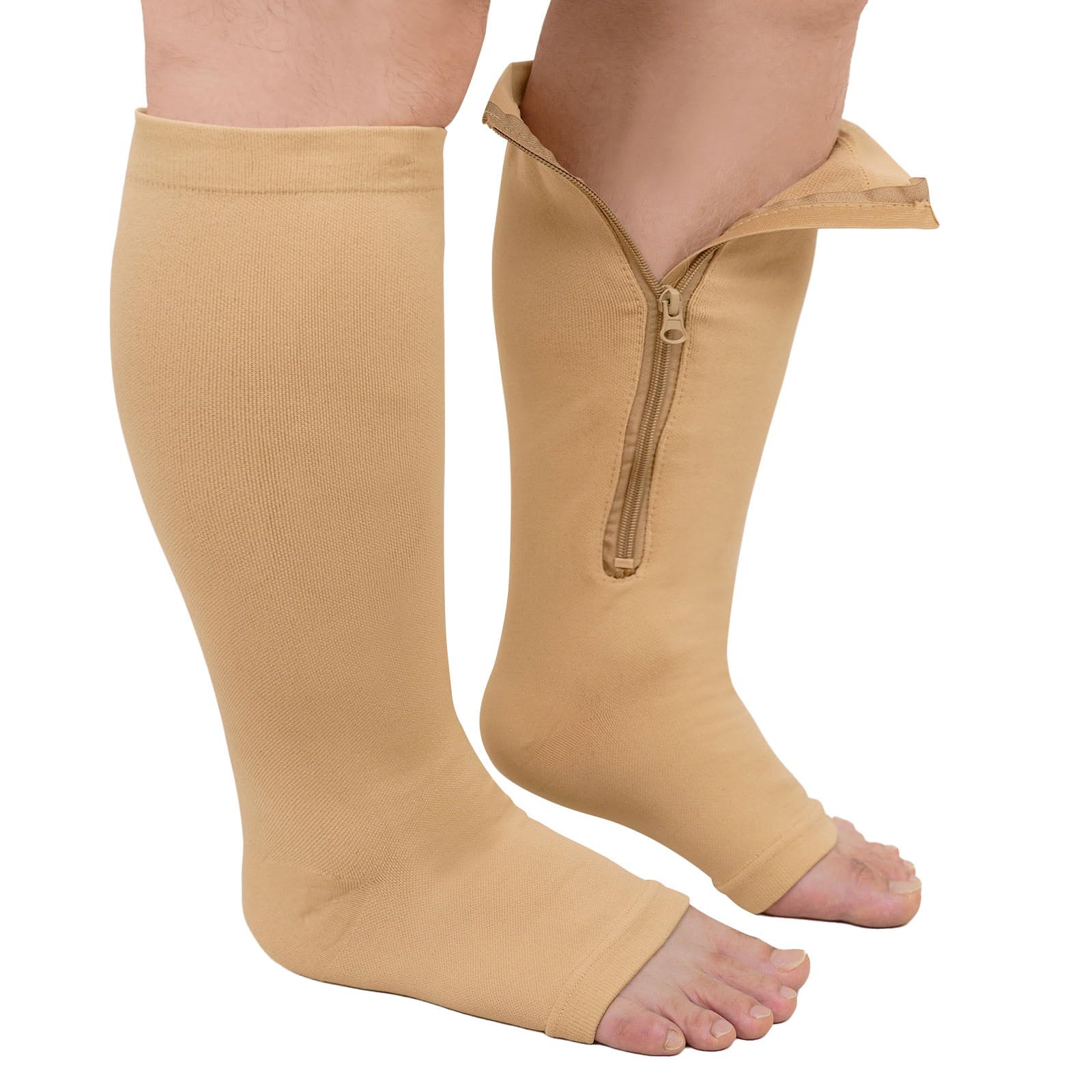 ZFSOCK Plus Size Compression Socks: Wide Calf Graduated Pressure Support Stockings Men Women Open Toe Toeless Zipper Extra Large Flight Socks for Swollen Legs Travel 1 Pair Beige 5XL
