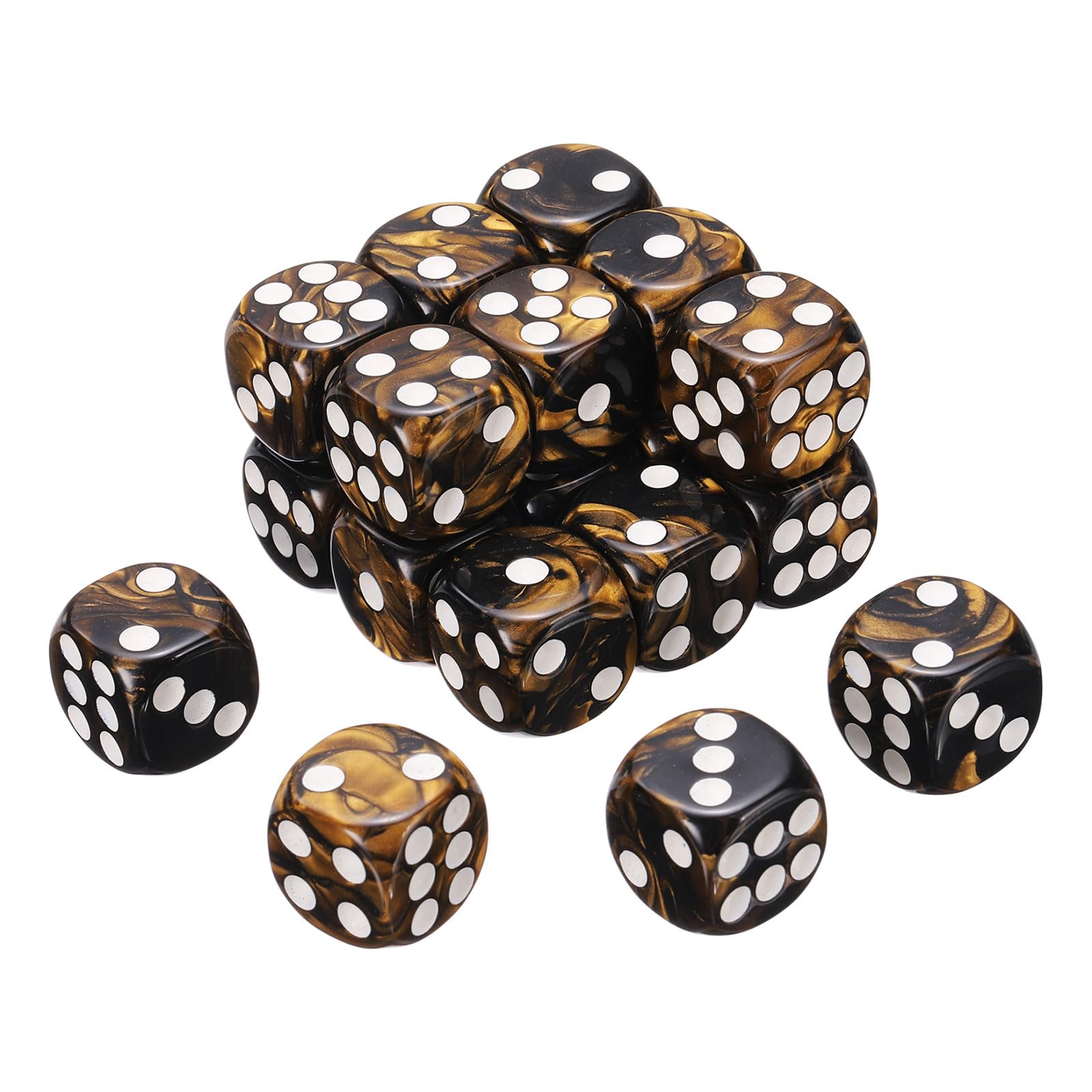 sourcing map 20Pcs 6 Sided Colored Standard Dice, 16mm Acrylic D6 Mini Polyhedral Pearl Pattern Two Tone Colors Game Dice Set for Table Games, Black/Gold, White Point — image 1
