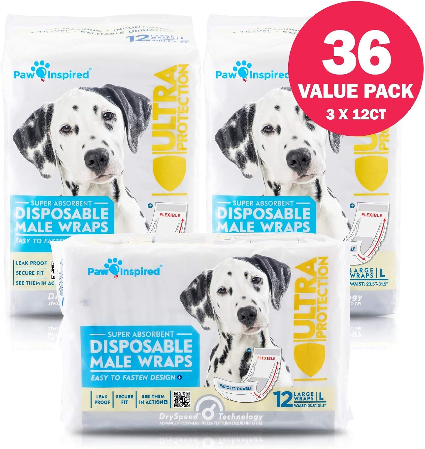 Paw Inspired 36ct Disposable Male Dog Wraps, Belly Band for Dogs | Disposable Dog Diapers Male | Belly Bands for Male Dogs | Excitable Urination, Incontinence, or Male Marking
