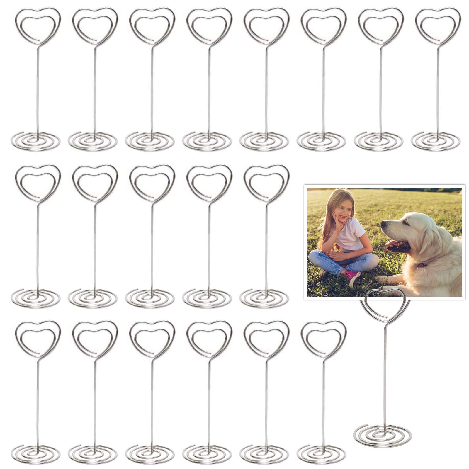 Table Number Card Holders, 25 Pack 3.39 Inch Tall Heart Shape Table Photo Holder Table Picture Stand Place Card Holder for Wedding Party Gatherings Office Desk Paper Memu Clips (Silver)