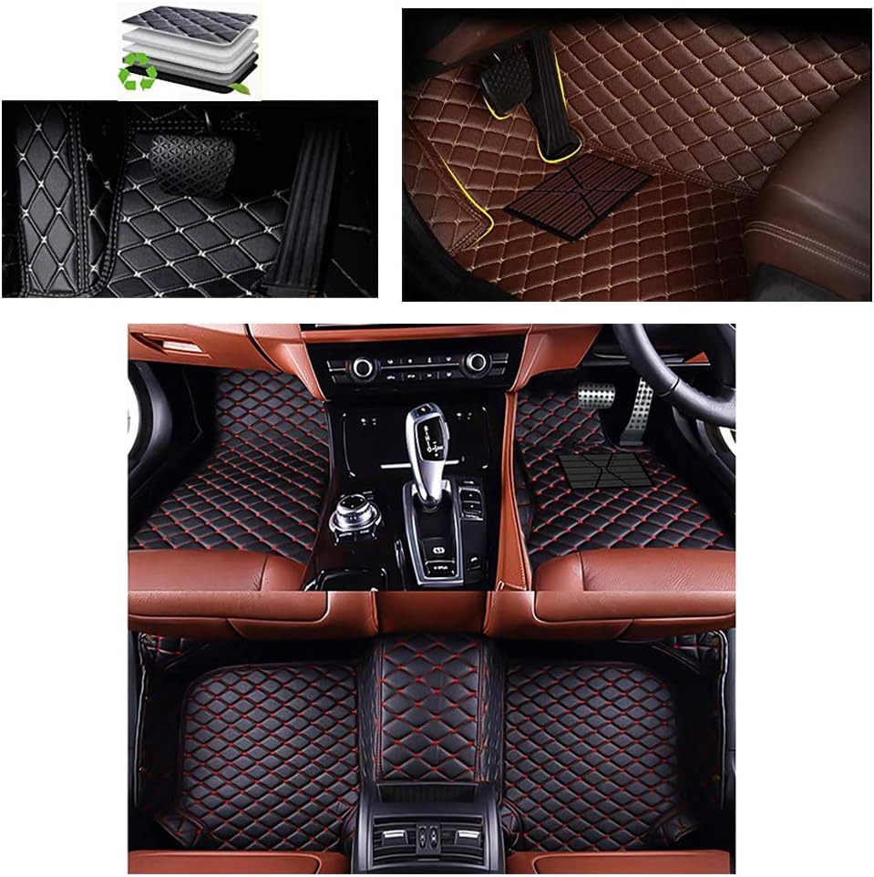 VEMAT Car Floor Mat Waterproof Carpet Foot Mat Custom Fit Audi Q7-5 Seat 2016-2018 with with Full Surround (Black with Red stitching)