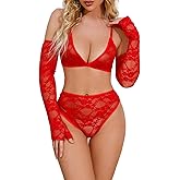 Myilewjt Lingerie Set for Women Lace Bra and Panty Sets Teddy Babydoll Outfits With Gloves