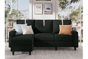 Tornama 80" L Shaped Sectional Sofas 3 Seater Couch with Reversible Ottoman Modern Linen Fabric Small Sectional Couch for Living Room, Apartment, Small Space,Black