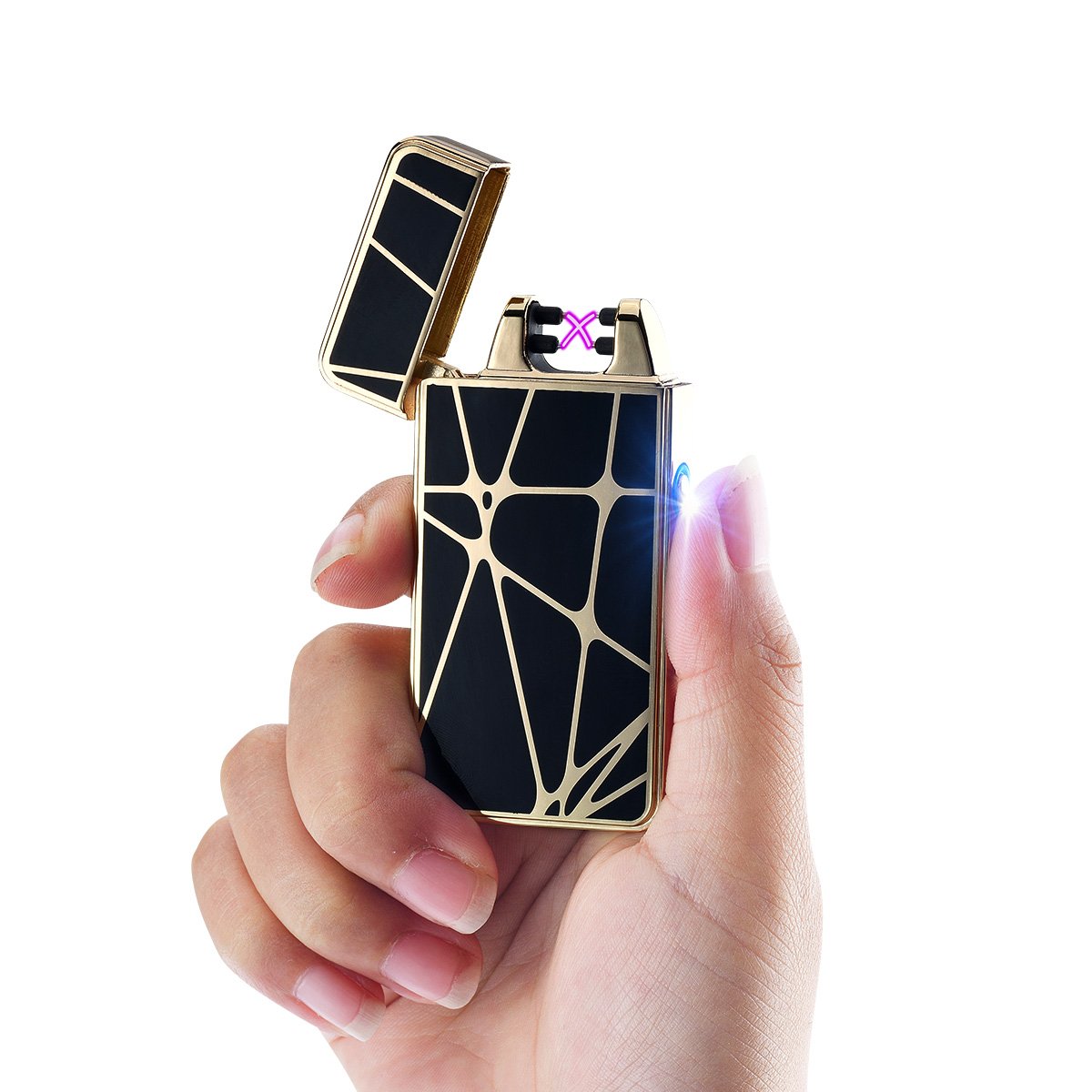 Accendino Arc elettrico antivento, ricaricabile con USB, senza fiamma, accendino per sigarette ricaricabile, ottimo regalo, senza gas, High-Gold