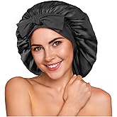 YFONG 100% 22 Momme Mulberry Silk Bonnet for Sleeping Women, Larger Double Layer Silk Hair Wrap for Curly Short Long Hair, Non-Slip Sleep Cap Turban with Elastic Tie Band for Hair Care, Black