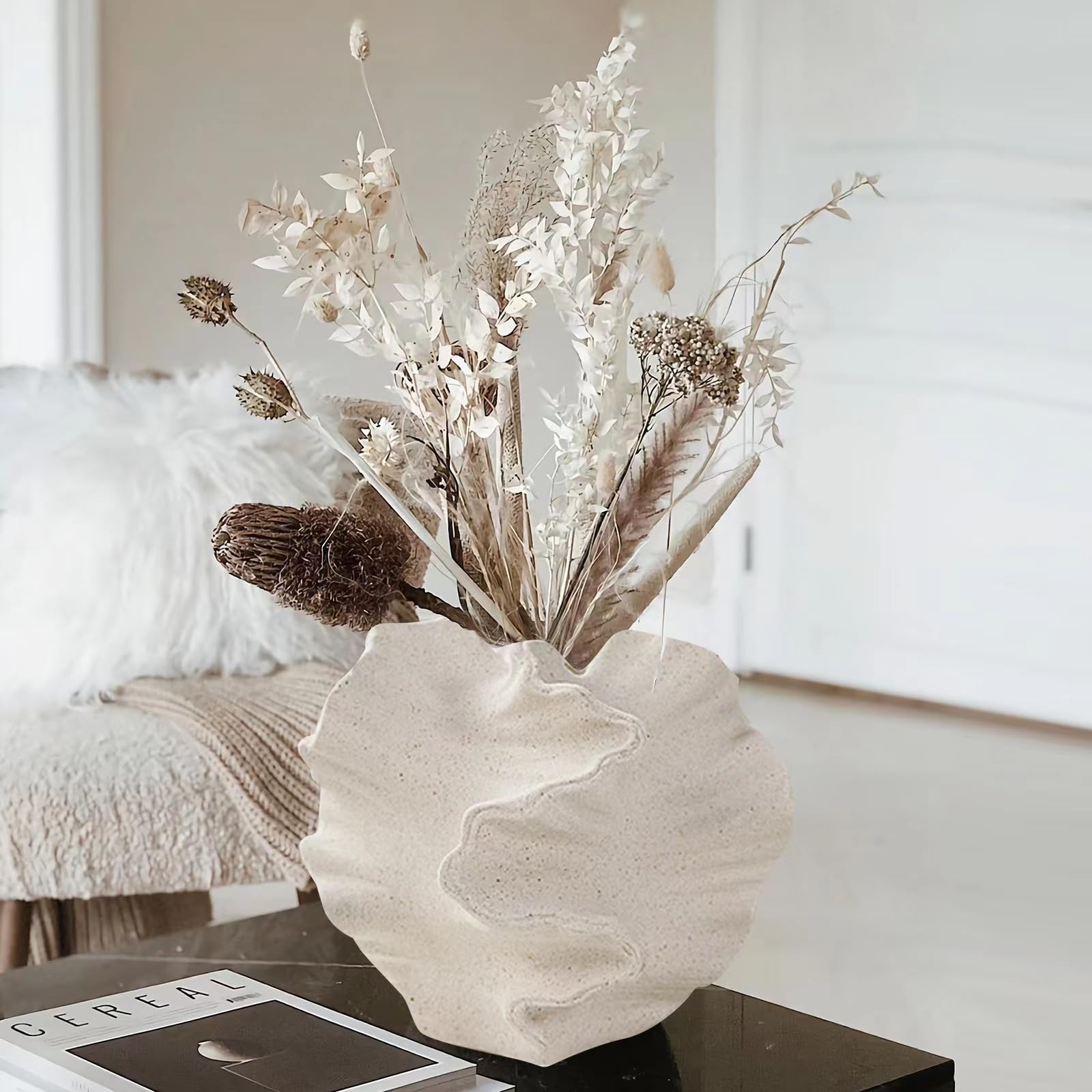 Photo 1 of Aklimida White Small Ceramic Vase for Modern Home Décor, Ceramic Coral Flower Vase for Nordic Art Pampas Grass, Boho Décor Donut Centerpiece Vases for Coffee Table Office Bookshelf Living Room Décor