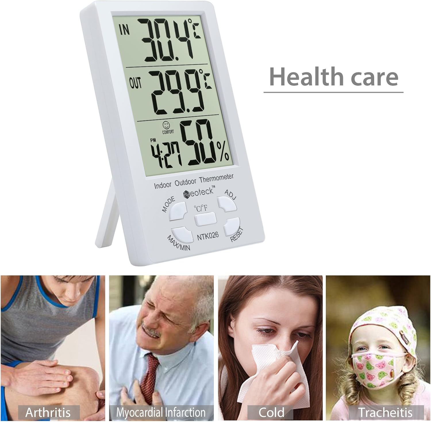 Neoteck Thermometer Hygrometer LCD Digital Indoor Outdoor Hygrometer Humidity Thermometer Temperature Meter Min/Max Value 1.5m Sensor Wire for the Management of Air Conditioning Office Hotel Room - Image 3
