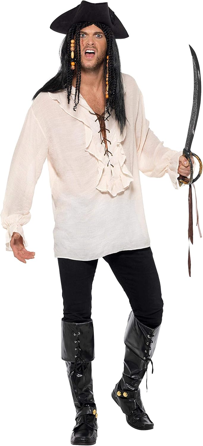 Smiffys Pirate Shirt, Ivory with Lace Up Front, Pirate Fancy Dress, Pirate Dress Up Costumes, L - Size 42"-44"