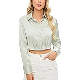 EasyFair Womens Cropped Button Down Shirts Casual Long Sleeve Solid Collared Crop Blouse Tops