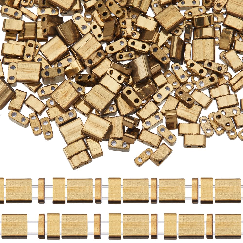 CREATCABIN 600Pcs 2 Hole Tila Beads 3 Sizes Half Glass Seed Beads Bulk Rectangle Golden Metallic Color Mini Opaque Square Flat Loose Spacer Beads for Craft Bracelet Necklaces Earrings Jewelry Making