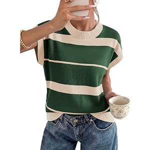 EVALESS Women's Striped Short Sleeve Knit Sweater Top | Crew Neck Sweaters,Cap Sleeve Pullover,Relax Fit Soft Color Block,Fal