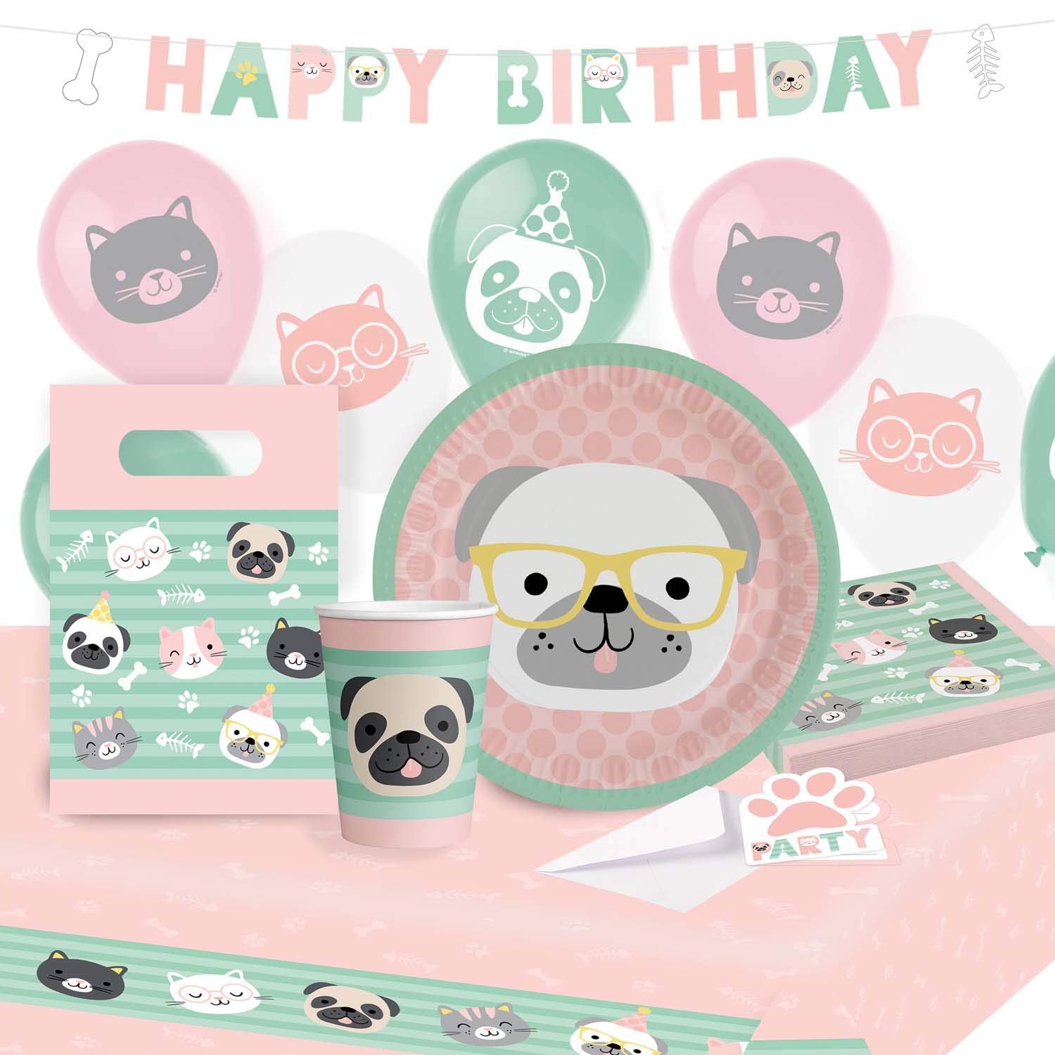 amscan 9907565 Party Set Hello Animals with 8 Plates 23 cm, 8 Cups 250 ml, 20 Napkins 33 x 33 cm, Paper Tablecloth 115 x 175 cm, Garland 180 cm, 8 Bags, 8 Invitations, 6 Latex Balloons 22.8 cm